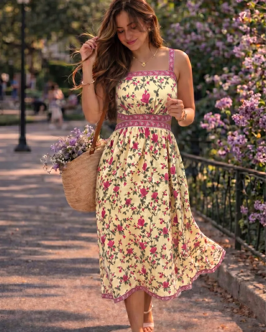 Full look floral cotton midi dress for women